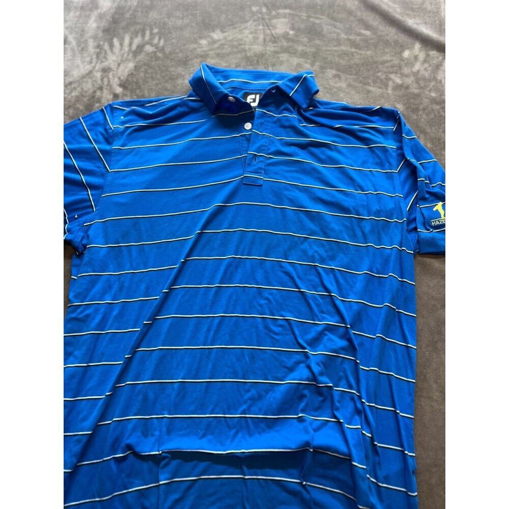 FJ FootJoy Men's Polo‎ Shirt Blue Striped Large Short Sleeve L Hazeltine Logo